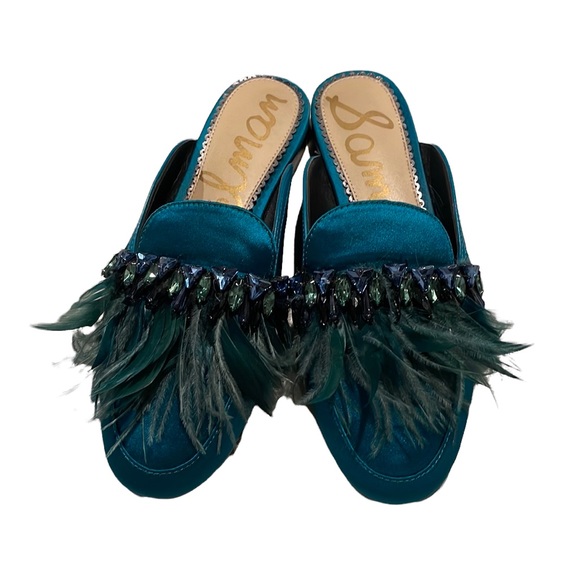 Sam Edelman Shoes - Sam Edelman Landis Teal green satin studded rhinestone feather mules size 5.5